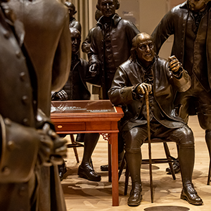 A statue of Benjamin Franklin at the National Constitution Center.